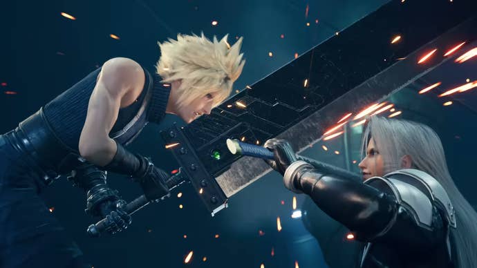 Cloud and Sephiroth from Final Fantasy 7 Remake clashing swords with sparks flying