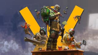 Three armed enforcers stand on top of a desk with yellow effects around them, in the background there is a fire fight in an office room.