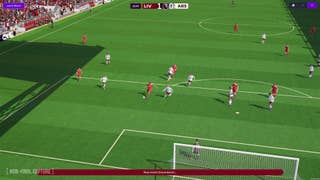 Football Manager 26 official screenshot showing a match highlight from above and behind the goal, as Liverpool bursts into Arsenal's box.