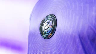 Close up of a player's chest in a lavender purple shirt, showing a Football Manager FC club badge in the middle