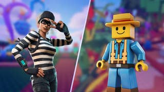 A character from Fortnite and a Lego-looking character from Roblox over two blurred garden images