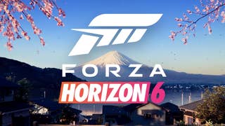 A still from a Forza Horizon 6 video showing the game's logo superimposed against the quintessential Japanese backdrop of cherry blossoms and Mount Fuji.