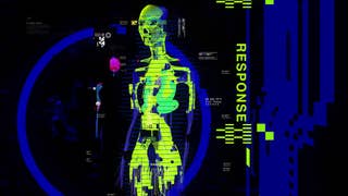 Marathon artwork featuring anatomical human figure in neon on black background