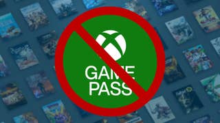 The green and white of Xbox and Game Pass in a red circle with a line through it, with a background of game pass games in a tile formation.