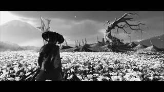 Ghost of Yotei kurosawa mode trailer screenshot showing Atsu approaching a dead tree surrounded by burial mounds with swords in them, in black and white and letterboxed