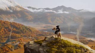 ghost of yotei character on horse overlooking mountain scenery
