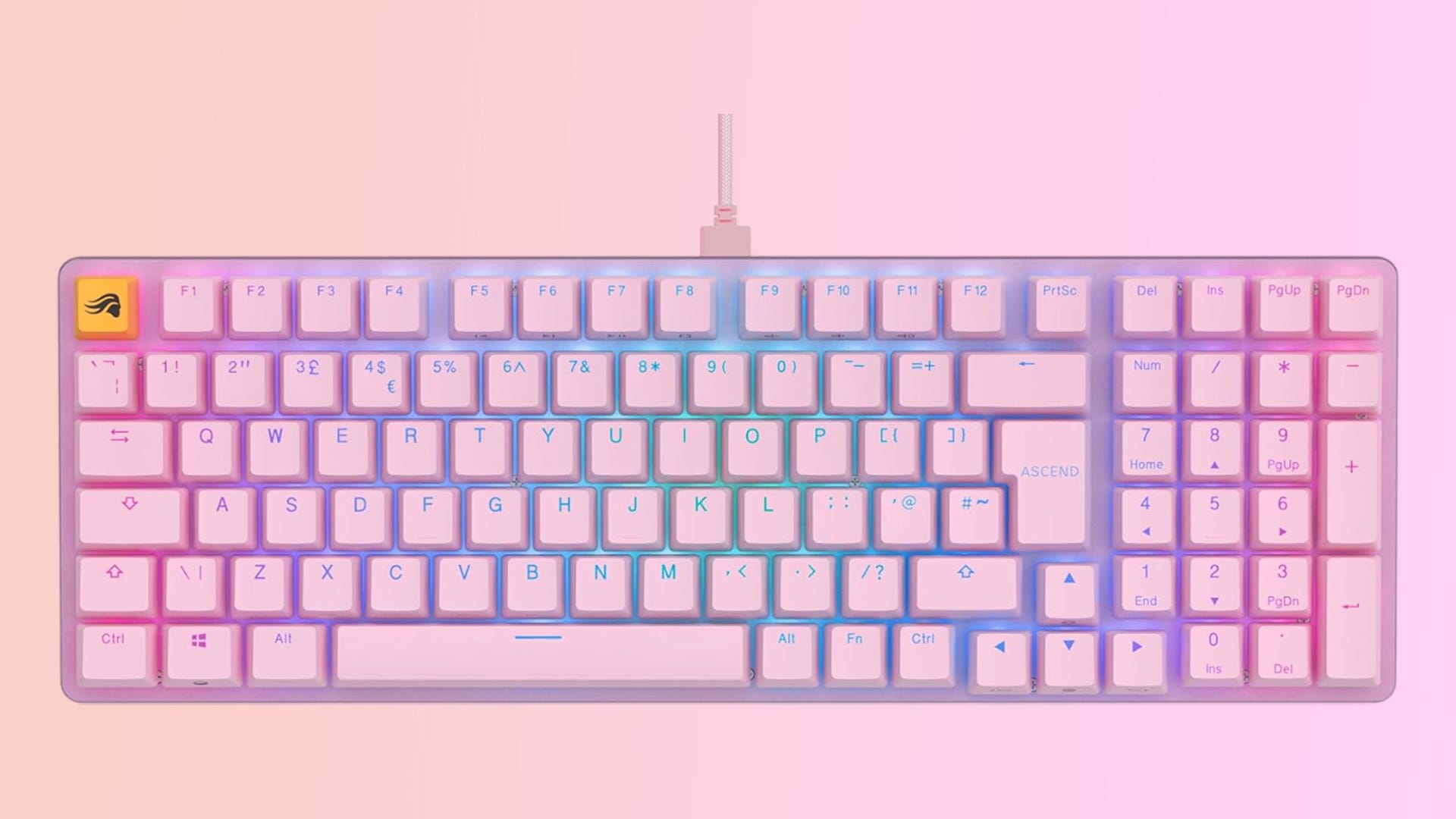 Glorious GMMK 2 mechanical keyboard in pink on a gradient background