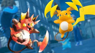 Image showing the official Mega Raichu Y, and fan art of Gorumon, over a blue-hued background of Pokémon Legends Z-A footage