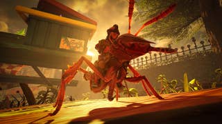 A person sits on the back of a huge soldier ant, with a sun setting in the distance and a huge picnic box on a huge picnic table behind them. Or rather, these things aren't huge, it's just that the person on the back of the ant is shrunken to the size on an insect.