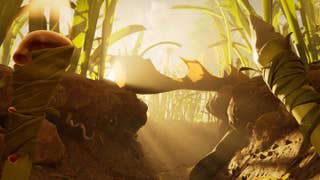 The sun rising in Grounded 2. We look up to it in first-person perspective as it breaks through a see of tree-sized grass blades. A pointed spear and torch are held in the character's hands.