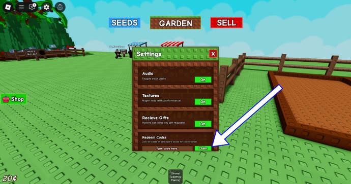 Arrow pointing at code box in Grow a Garden.