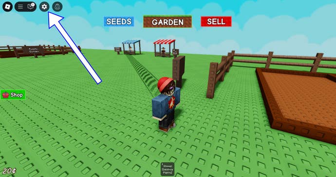Arrow pointing at settings button in Grow a Garden.