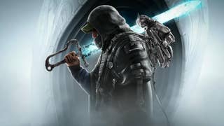 A character heavily swaddled in raincoat hood and odd-looking backpack, and resting a glowing blue sword on their shoulder (somewhat inadvisably?) - stands side-on with head bowed as if in contemplation.