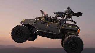 Helldivers 2 Omens of Tyranny trailer screenshot showing caped military soldiers riding in a military truck flying through the air