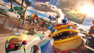 A yellow creature is being held as a weapon in a very colourful environment.