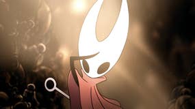 Hollow Knight: Silksong screenshot showing hornet shielding her eyes from golden light