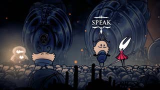 A screenshot from Hollow Knight Silksong, showing a flea person with a moustache and the words "speak" above their head. Our pointy white-headed heroine Hornet stands next to them.