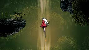 Hollow Knight Silksong screenshot showing close up of Hornet protagonist ascending through a lush green environment