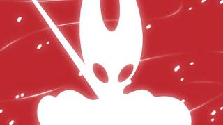 Hornet from Silksong silhouetted in white on a red background