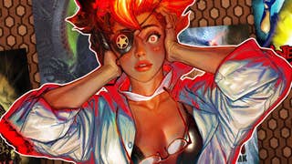 Hotel Barcelona artwork showing protagonist Justine Bernstein staring wildly into the camera with her arms clasped either side of her head.