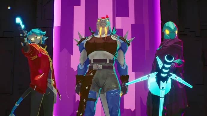 Three colourful sci-fi animated characters from Hyper Light Breaker
