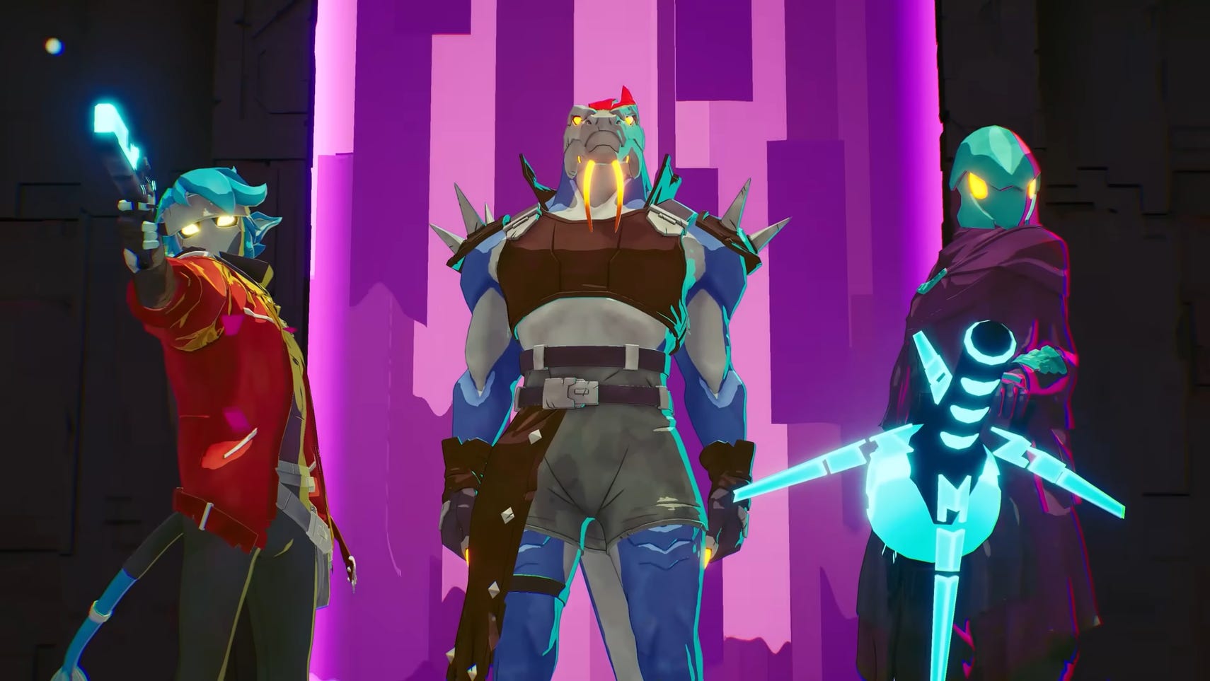 Three colourful sci-fi animated characters from Hyper Light Breaker