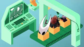 Several ID@Xbox characers such as Hornet from Hollow: Knight Silksong and a dwarf from Deep Rock Galactic sit on a cartoon conveyor belt attached to a machine labelled ID@Xbox