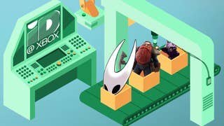 Several ID@Xbox characers such as Hornet from Hollow: Knight Silksong and a dwarf from Deep Rock Galactic sit on a cartoon conveyor belt attached to a machine labelled ID@Xbox