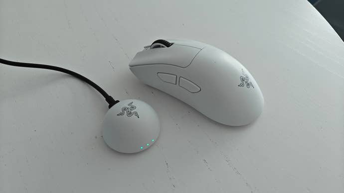 razer deathadder v4 pro in white with USB dongle