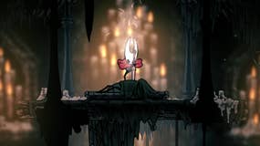 Hollow Knight: Silksong screenshot showing Hornet stabbing a corpse