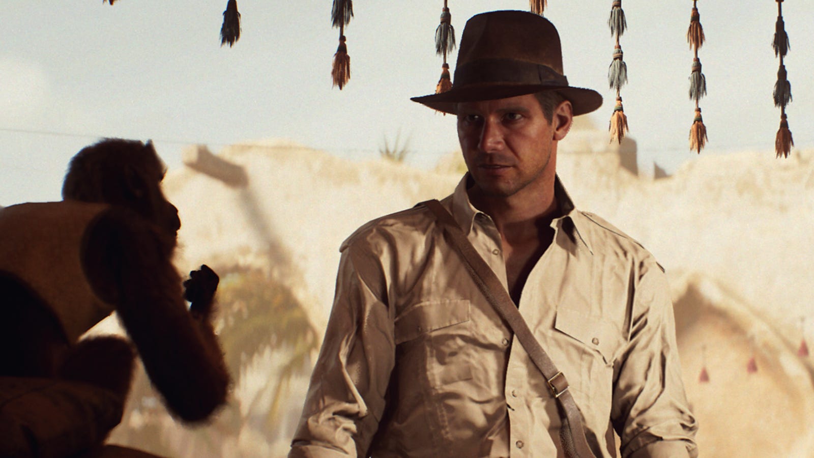 Indiana Jones and the Great Circle screenshot showing Indy in iconic hat and sand-coloured open shirt