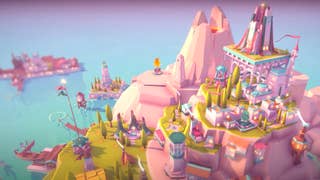 Islanders: New Shores screenshot showing an intricate pastel-hued city scattered around a small island with a volcano at its centre, as viewed from up high.
