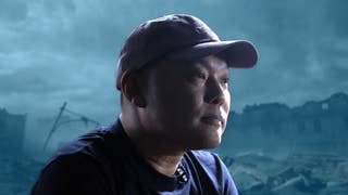 Kōshi Nakanishi in profile over a ruined cityscape from Resident Evil Requiem