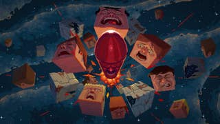 Pixelated-style artwork for the game Kill the Brickman, in which a circular array of cuboid, um, heads, are blasted out of the way by a giant bullet with an angry red face.