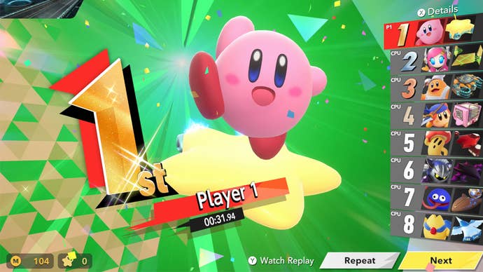 A victory screen in the Switch 2 game Kirby Air Riders showing Kirby as the winner of a race.