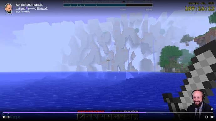 The edge of a Minecraft world. We're at sea in the chunky pixelated world and in the distance, a great wall-like thing arises from the water, looking very much like the top-down view of a Minecraft world.