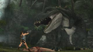 Lara Croft points her dual pistols at a tyrannosaurus rex in Tomb Raider Anniversary
