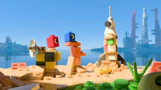 Two single Lego blocks, one red one blue, with an eye on each of them look at each other, in front of a background of a distant rocket preparing to launch.