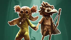 Little Nightmares 3 protagonists Low and Alone holding hands, superimposed over an eerie green backdrop.