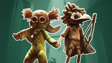 Little Nightmares 3 protagonists Low and Alone holding hands, superimposed over an eerie green backdrop.