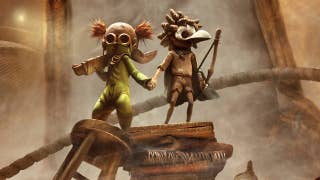 Little Nightmares 3 artwork showing its creepy kid protagonists Low and Alone standing on a pile of furniture.