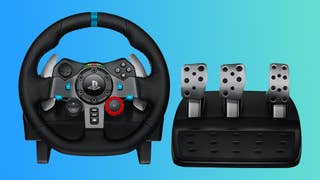 Logitech G29 wheel on a gradient background