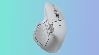 Logitech MX Master 4 mouse in pale grey on a gradient background