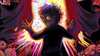 Look Outside promotional art showing a man with wild eyes turning to face the camera as eerie light pours in through the curtains he's beginning to open.