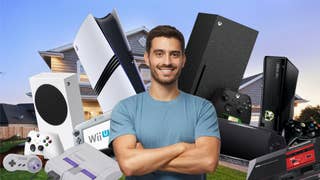 A man looking happy is stood in front of a house. The image shows lots of consoles around the man. These are the memories he has of gaming in the house he lived in as a child.