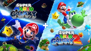 Key art for Mario Galaxy 1 & 2 on Switch. Mario, Luma, and Yoshi fly through the skies of various galaxies.