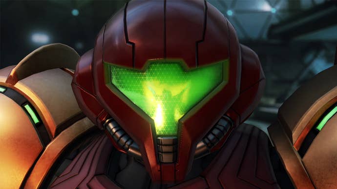 A close-up of Samus Aran wearing her iconic Power Suit in Metroid Prime 4 Beyond.