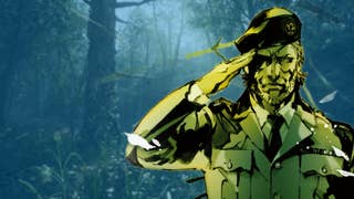 Snake salutes, in art style, over a blue-coated forest from Metal Gear Solid 3.