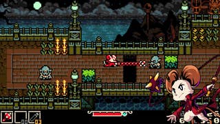 Screenshot of Mina The Hollower, top-down pixel art adventure, with mouse character art superimposed in the corner