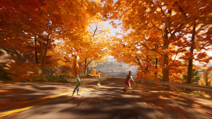 Three characters dressed in 90s style clothing skateboard down a hill filled with golden, autumnal leaves in the game Mixtape.